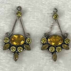 Vintage Yellow Glass Rhinestone Chandelier Charms Pair Bezel Dangle Drops 1.75"